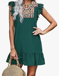 KIRUNDO Women Summer Mini Dress Casual V Neck Floral Embroidered Ruffle S M 2024 - Picture 1 of 2