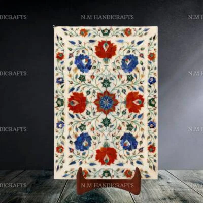 Marble Gems Stone Tray Floral inlay serving tray kitchen serving tray platter - Image 1 of 4