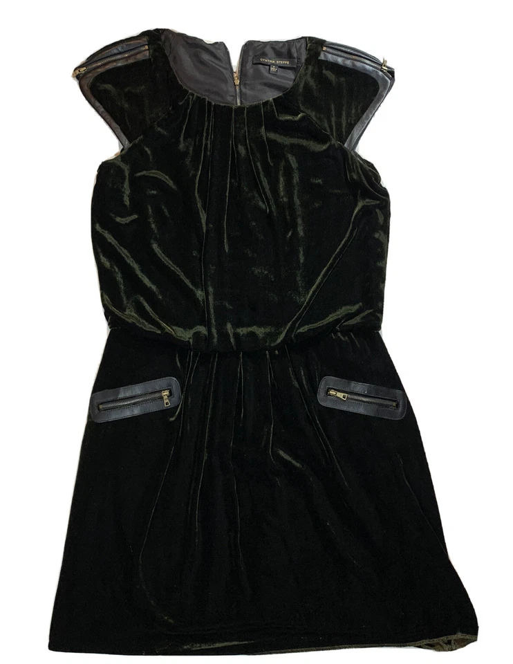 Vestido CYNTHIA STEFFE TALLA 6 Terciopelo Verde con Borde de Cuero Hecho en EE. UU. Foto 1 de 4