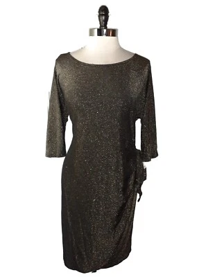 NEW ROBBIE BEE Plus Size 1X Sheath Dress Black Gold Sparkles 3/4 Sleeve Stretch - Image 1 of 4