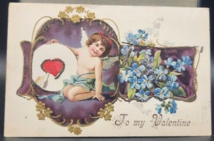 1906 Postal Brillante Día de San Valentín Cupido Ángel Corazón Flecha Púrpura PM: Nueva Jersey y Nueva York - Imagen 1 de 10