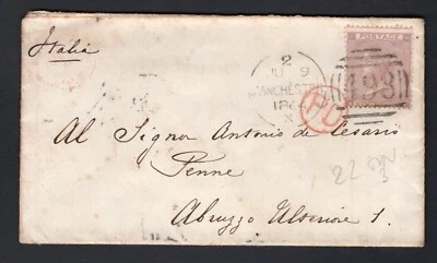 1864  UK QV 6d Lilac Postal Flower Cover MANCHESTER LONDON GB to TORINO ITALY - Image 1 of 4