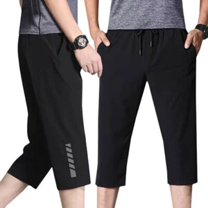 Mens Black Summer Cropped Trousers Three Quarter Length Sport Capri Pants Daily - Picture 1 of 14