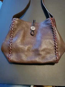 Brighton Shoulder Handbag Brown Pebbled Leather Croc Lace Detail - Picture 1 of 21