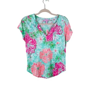 LILLY PULITZER womens size XXS Beach Walk Poolside Blue floral linen Duval top - Picture 1 of 4