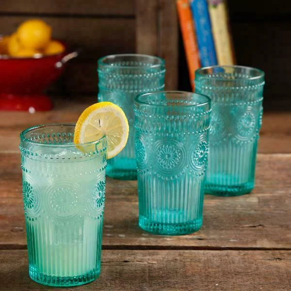 The Pioneer Woman Adeline 16oz Emboss Glass Tumbler - Turquoise, Set of 4