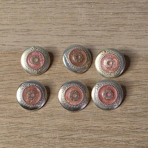 Silver Tone Metal Buttons Set of 6 Pink Enamel Embossed Round Shank 20mm Vintage - Picture 1 of 3