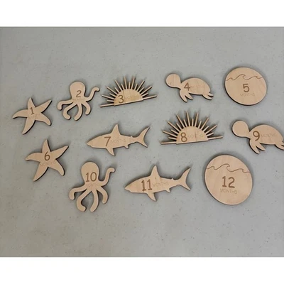 Conjunto de utilería fotográfica de madera con hito mensual para bebé tema del océano Foto 1 de 4