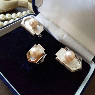 Gemelos de perlas de plata y pasador de corbata de plata de ley usado Foto 1 de 4