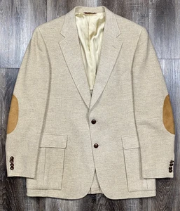 70s Cricketeer Blazer Harringbone Harris Tweed 44R Beige Wool May Co Elbow Patch - Picture 1 of 17