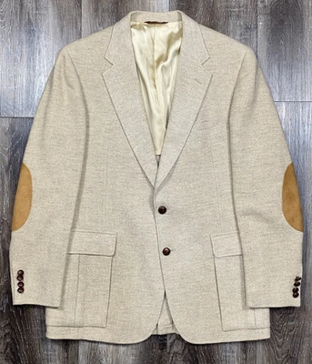 70s Cricketeer Blazer Harringbone Harris Tweed 44R Beige Wool May Co Elbow Patch - Image 1 of 4