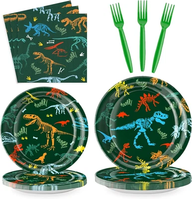 Juego de vajilla de 96 piezas con tema de dinosaurio para fiesta de cumpleaños para niños incluido Foto 1 de 4