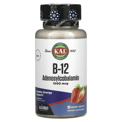 KAL B-12 Adenosilcobalamina Fresa 1000 mcg 90 Micro Comprimidos Vegetariano Foto 1 de 3