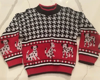 Suéter Vintage RJ Calabaza Niño Pequeño 4T Perros Dalmations Acrílico Rojo Blanco Negro Foto 1 de 4