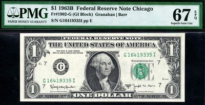 1963b 1902-G $1 Chicago BARR Federal Reserve Note • PMG 67 EPQ • G-I Block - Image 1 of 2