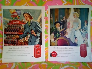 Coca Cola Shop Refreshed Vintage Color Print Advertisement 1949 Pair BIG 14"  - Bild 1 von 7