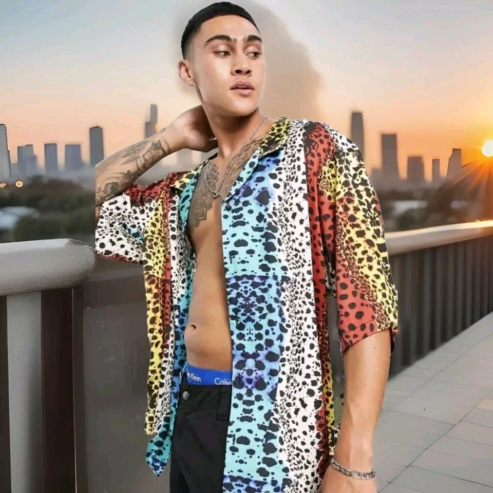 ASOS Disco Animal Print Shirt Mens XL Satin Button Oversized Baggy Street - Image 1 of 4