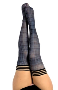 Kixies Navy blue plaid Thigh High Stockings No Slip Grips Size B - Picture 1 of 4