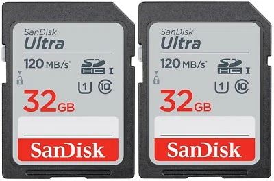 2 x SanDisk 32GB Ultra Class 10 120MB/s C10 SD SDHC SDSDUN4-032G Camera Card Lot - Image 1 of 3