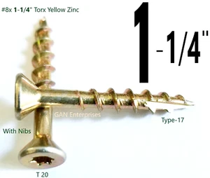 Torx #8x 1-1/4" Star Flat Head with nibs Yellow Zinc Type 17 Outdoor Screw 1000 - Picture 1 of 6