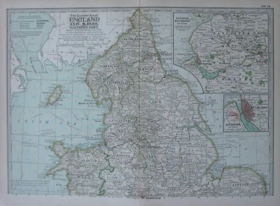 Mapa Original 1897 Norte de Inglaterra y Gales York Liverpool Manchester Derby Leeds Foto 1 de 4