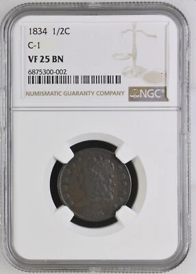 1834 Classic Head Half Cent - C1 Variety - NGC VF25 BN - Image 1 of 2