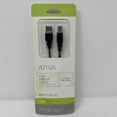 ATIVA USB A / B 2.0 Printer Cable 6ft Black NEW - Image 1 of 4