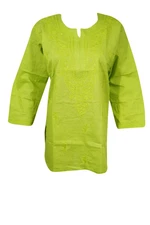 Womans Green Cotton Tunic, India Embroidery Cotton Top Casual Blouse Tunic Top M