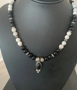 Navajo Black Onyx & White Buffalo Sterling Silver Necklace Pendant 01099 - Picture 1 of 12