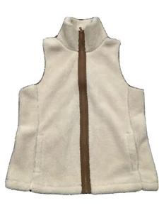 Chaps Women Fleece/Sherpa Vest Cream Brown Trim Ralph Lauren Zip SZ XL NWT - Picture 1 of 7