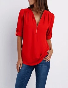 Ärmel Tops Bluse Shirts Übergröße Damen Reißverschluss V-Ausschnitt Baggy T-Shirt Damen lang - Bild 1 von 7