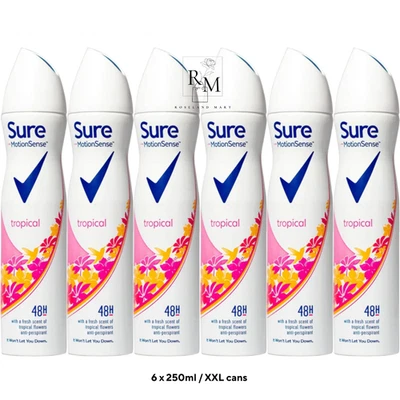 6 x 250ml XXL Sure MotionSense TROPICAL Flower Anti-perspirant Deodorant Spray - Image 1 of 4