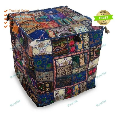 Indian Vintage Pouf Ottoman Mandala Square Cover Pouffe Foot Stool Cover Decor - Image 1 of 4