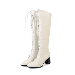 Mujeres Mediano Bloque Tacones Punta Punta Hasta la Rodilla Botas de Caballero Zapatos con Cordones Talla Grande - Imagen 1 de 18