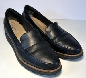 Clarks Womens Sharon Gracie Wedge Heel Comfort Black Leather Loafer Size 10 - Picture 1 of 11