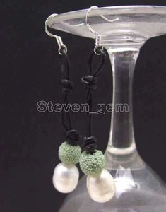 SALE 10-11mm White Rice Natural FW Pearl Dangle Leather earring & Green Lava-432 - Picture 1 of 3