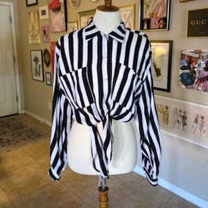 1990s Black and White Stripe Oversized Tie Front Button Crop Top - Picture 1 of 6