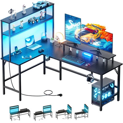Gaming Tisch mit LED, Gaming Schreibtisch L Form mit 3 Steckdosen und 2 USB - Bild 1 von 4