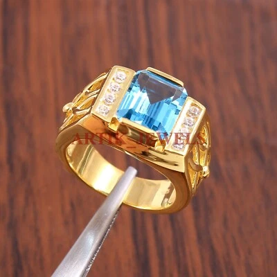 Natural Blue Topaz Gemstone with 14K Gold Plated Silver Ring For Men's #2785 - Image 1 of 4