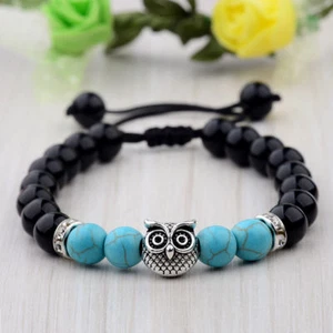 New Fashion Men Silver Owl Beads Turquoise Lava Agate Gem Gasket Woven Bracelets - Picture 1 of 8