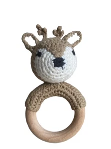 Deer Wooden Teething Ring Rattle Hand-Made Crochet Reindeer Montessori Tan - Picture 1 of 3