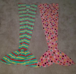 2 Mermaid Tail Blankets Pink Polka Dots Green Fleece Child Girl Small Handmade - Picture 1 of 8