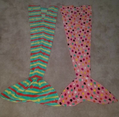 2 Mermaid Tail Blankets Pink Polka Dots Green Fleece Child Girl Small Handmade - Image 1 of 4