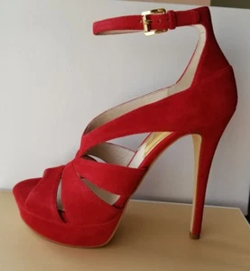 Michael KORS LEIGHTON RED SEXY LOGO BUCKLE CAGE PLATFORM 8 8.5 9 9.5 LOVE SHOES - Picture 1 of 7