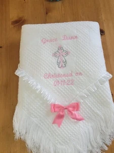 christening WHITE shawl embroidered personalised cross with/without bow/ Lace - Picture 1 of 16