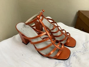 VINTAGE 1990s bright orange leather heeled strappy sandals 38 shoes open toe - Picture 1 of 20