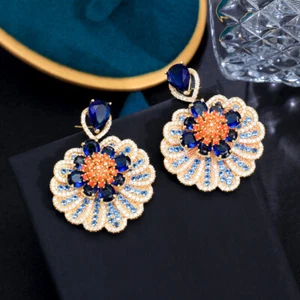 Mehrfarbiger Micro Pave CZ Blume Hängel Tropfen Ohrringe gelb vergoldeter Schmuck - Bild 1 von 9