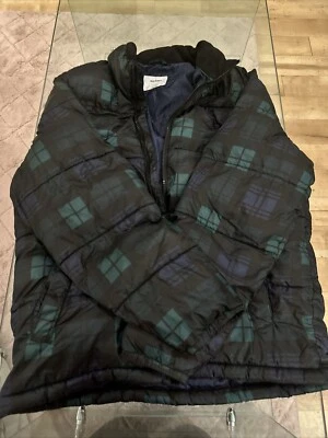 Old Navy Puffer Jacket Men M Black Green Plaid Long Sleeve Down Full Zip Winter - Image 1 of 4