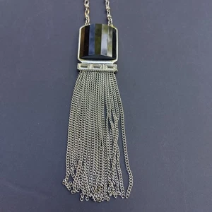 White House Black Market Necklace Black Stone Long Silver Tone Chain And Fringe - Picture 1 of 9
