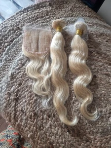 12A SUNNY BLONDE BRASILIANISCHE REINES MENSCHLICHES HAAR KÖRPERWELLE 18+18&14 ZOLL 4X4 VERSCHLUSS - Bild 1 von 6
